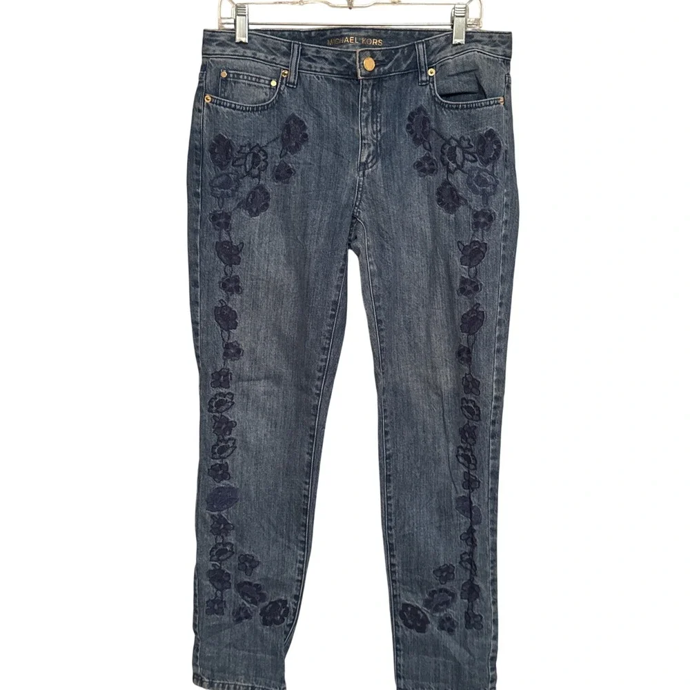 Michael Kors Dillon Relaxed Embroidered Floral Jeans Denim Blue‎ Women's